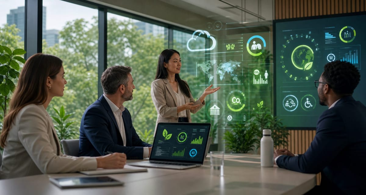 Equipo corporativo revisando indicadores ESG de sostenibilidad digital